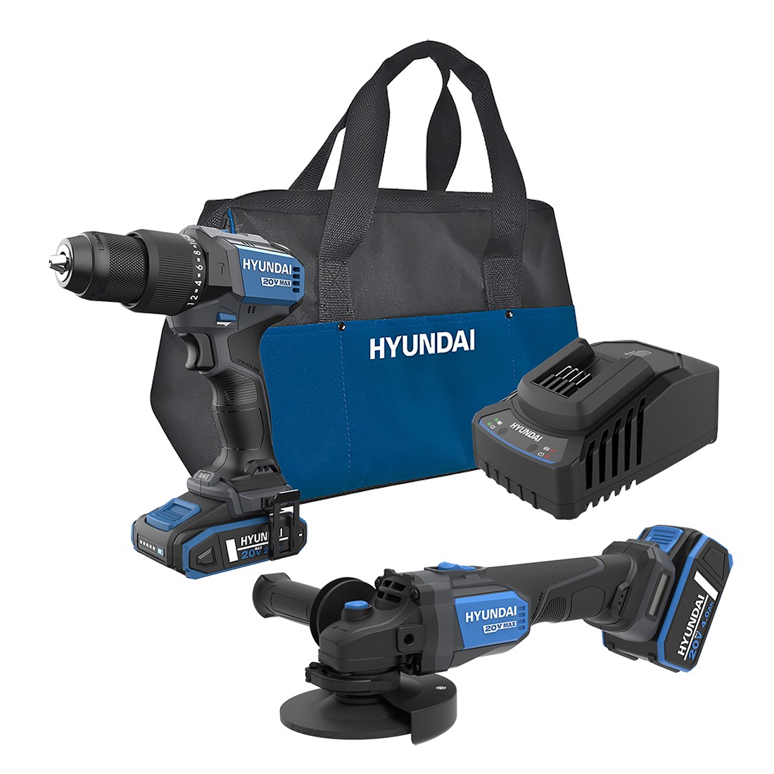 Set 2 scule cu acumulator 20V Hyundai, motor fara perii, masina de gaurit si insurubat cu percutie HD20X-60, polizor unghiular Hyundai AG20X-115, geanta transport 1022