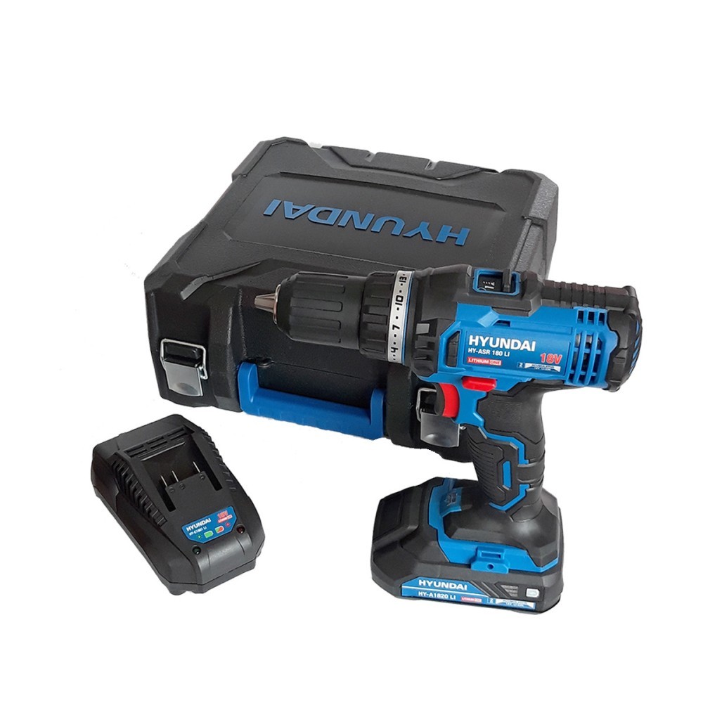 Masina de gaurit si insurubat cu acumulator 18V Hyundai ASR 180 Li, 1 acumulator x 2.0 Ah, incarcator, 2 trepte de viteza, 6 biti, 6 burghie, adaptor magnetic, valiza transport 429