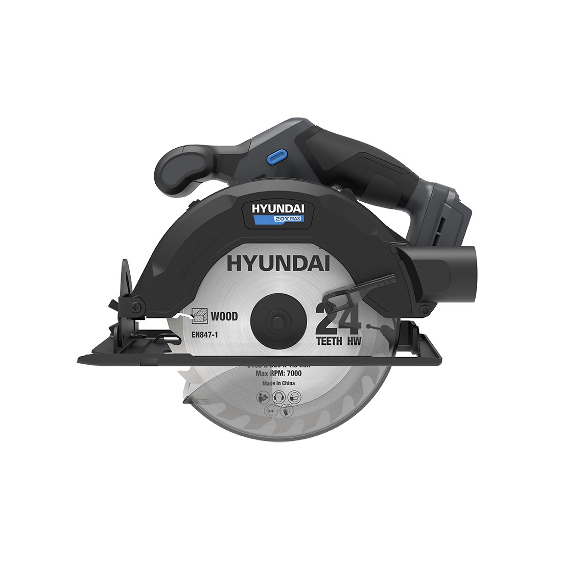Fierastrau circular de mana cu acumulator 20V Hyundai CS20S-165, adancime max. de taiere 55 mm la 90°, panza de 165 mm, livrat fara acumulator si incarcator 887